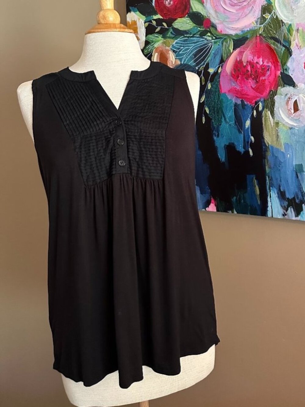 Cable & Gauge Black Pintuck Babydoll Tunic Top Sleeveless Size M